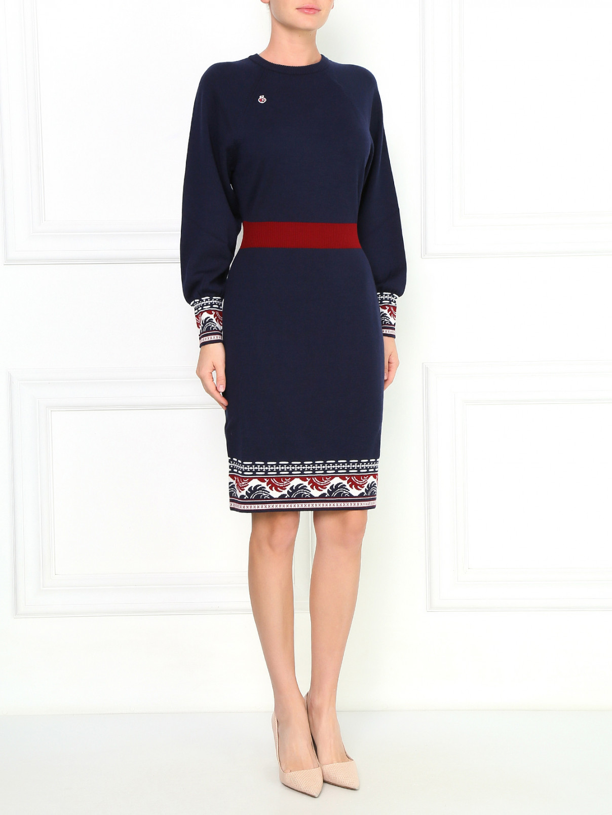 Платье-миди из шерсти с длинным рукавом и узором BOSCO  –  Модель Общий вид  – Цвет:  Синий