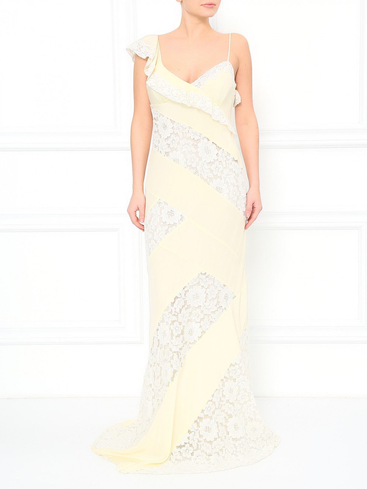 Шелковое платье-макси с кружевными вставками Moschino  –  Модель Общий вид  – Цвет:  Белый