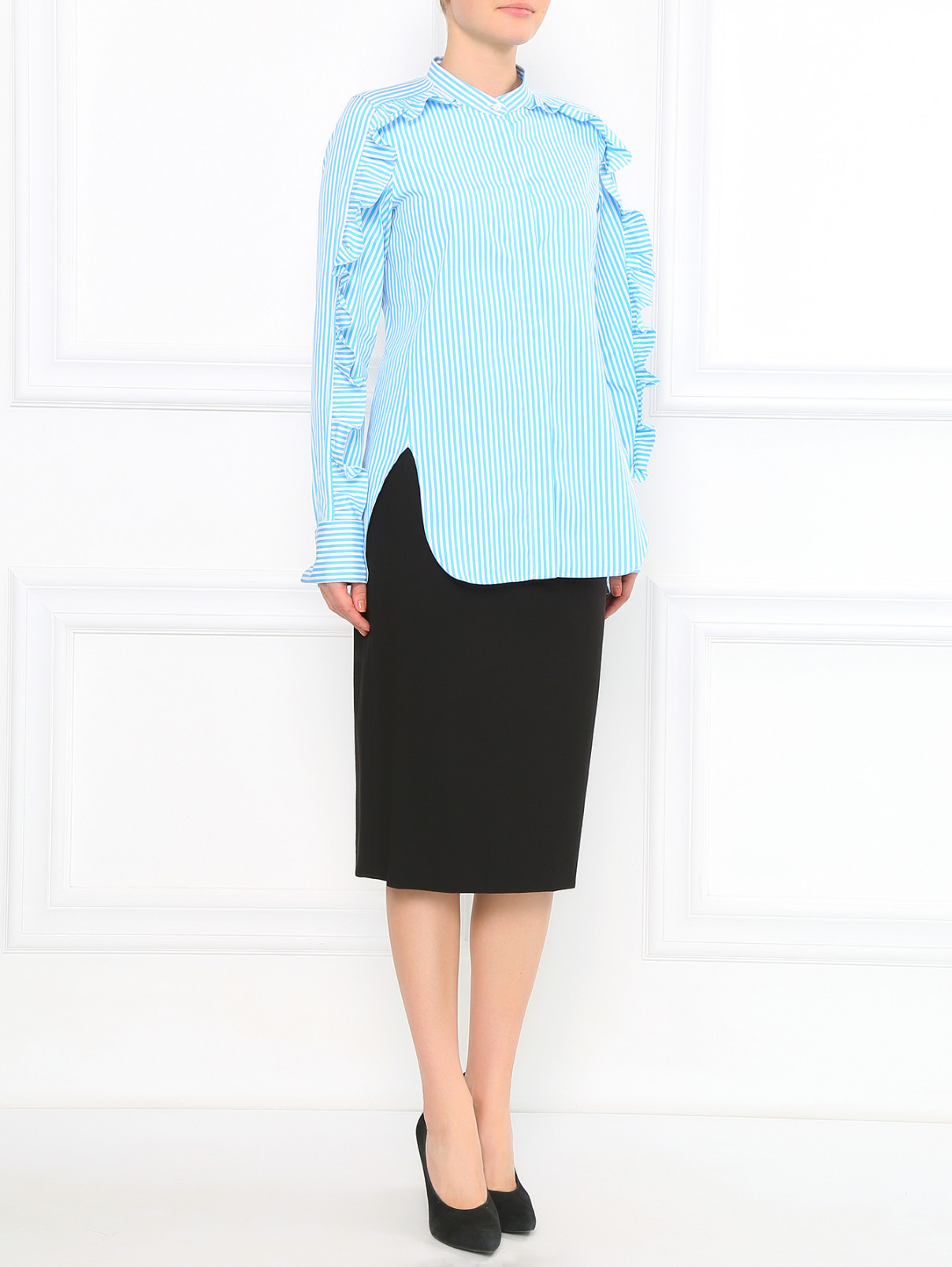 Рубашка из хлопка с узором в полоску с рюшами Jil Sander  –  Модель Общий вид  – Цвет:  Узор