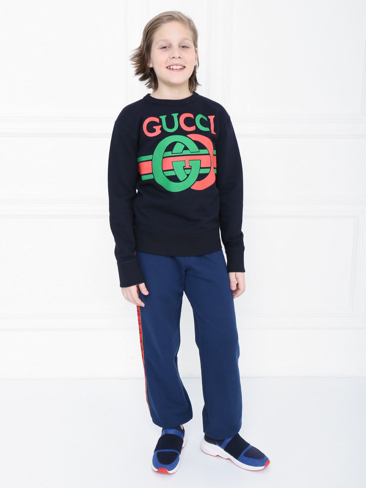 Свитшот хлопковый с принтом Gucci  –  МодельОбщийВид  – Цвет:  Синий