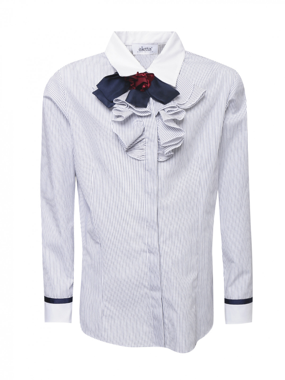 Рубашка в полоску с жабо Aletta Couture  –  Общий вид  – Цвет:  Синий