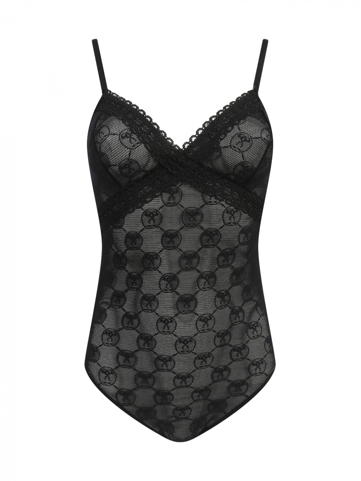 Полупрозрачное боди с узором и кружевной отделкой Moschino Underwear  –  Общий вид  – Цвет:  Черный